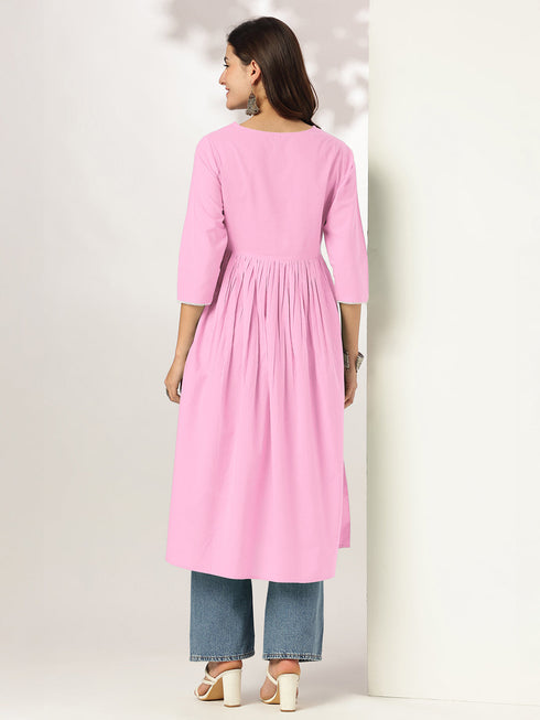Janasya Women's Light Pink Pure Cotton Yoke Embroidered A-line Kurta